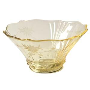 Vtg Pauline Topaz Standard Glass Yellow Depression Glass Etched Bowl flower